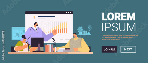 businesspeople team analyzing statistics graph on digital screen business data analysis monitoring investment finance report