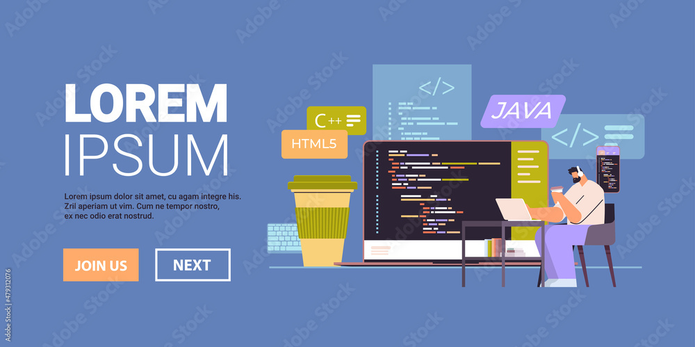 web developer creating program code on laptop screen development of software and programming concept