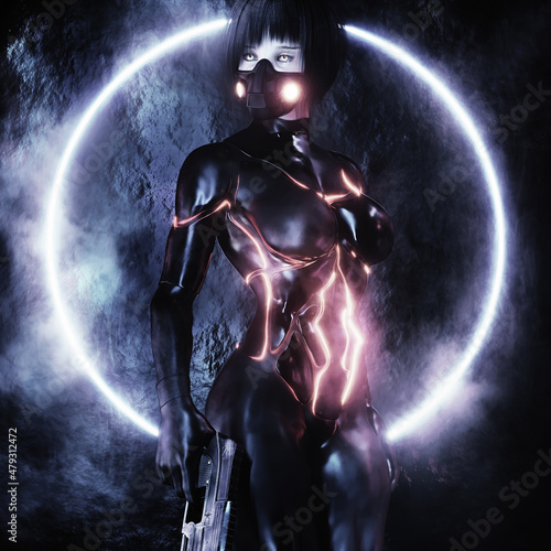 beautiful female warrior cyborg with stylized soft focus background