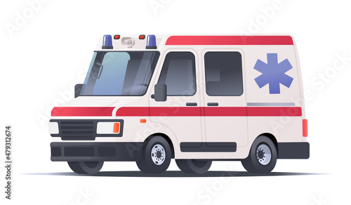 Ambulance car on an isolated white background. Emergency vehicle. Vector illustration