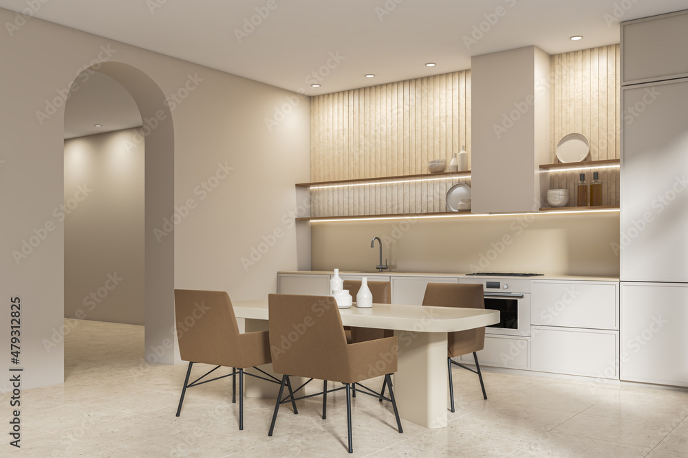 Light kitchen set interior with table and seats, shelves and arch entrance Light kitchen set interior with table and seats, shelves and arch entrance