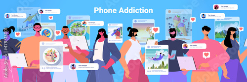 people bloggers sharing photos at social networks men women making posts for followers social media addiction