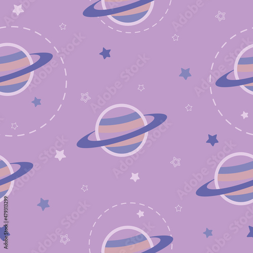 Vector Space Seamless Pattern with Doodle Saturn Planet and Stars