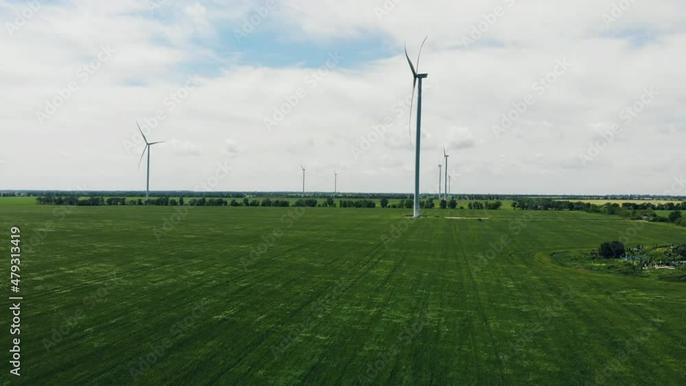 Aerial video wind turbine with blue sky and grass field. Aerial video wind turbine with blue sky and grass field.