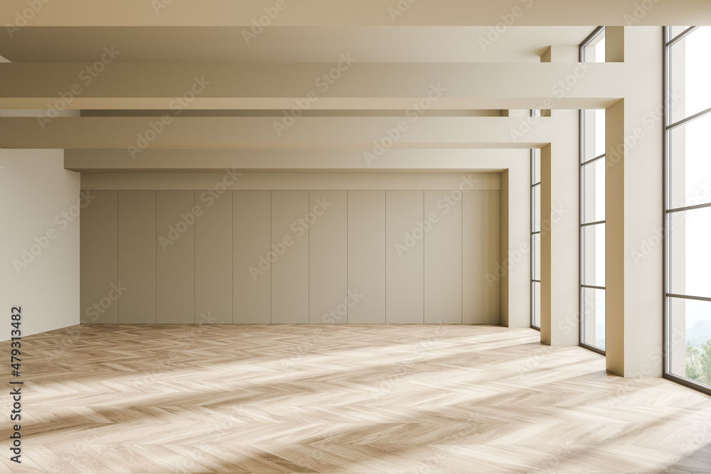Obraz premium Beige empty living room and windows with countryside view, parquet floor