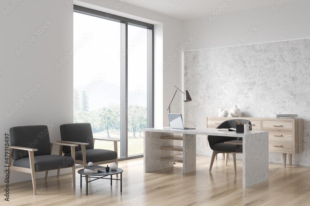 Fototapeta premium Grey guest seating area in white office. Corner view.
