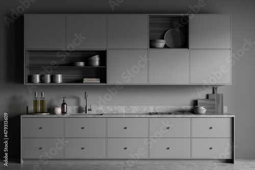 Dark kitchen set interior with shelves and sink with stove  kitchenware