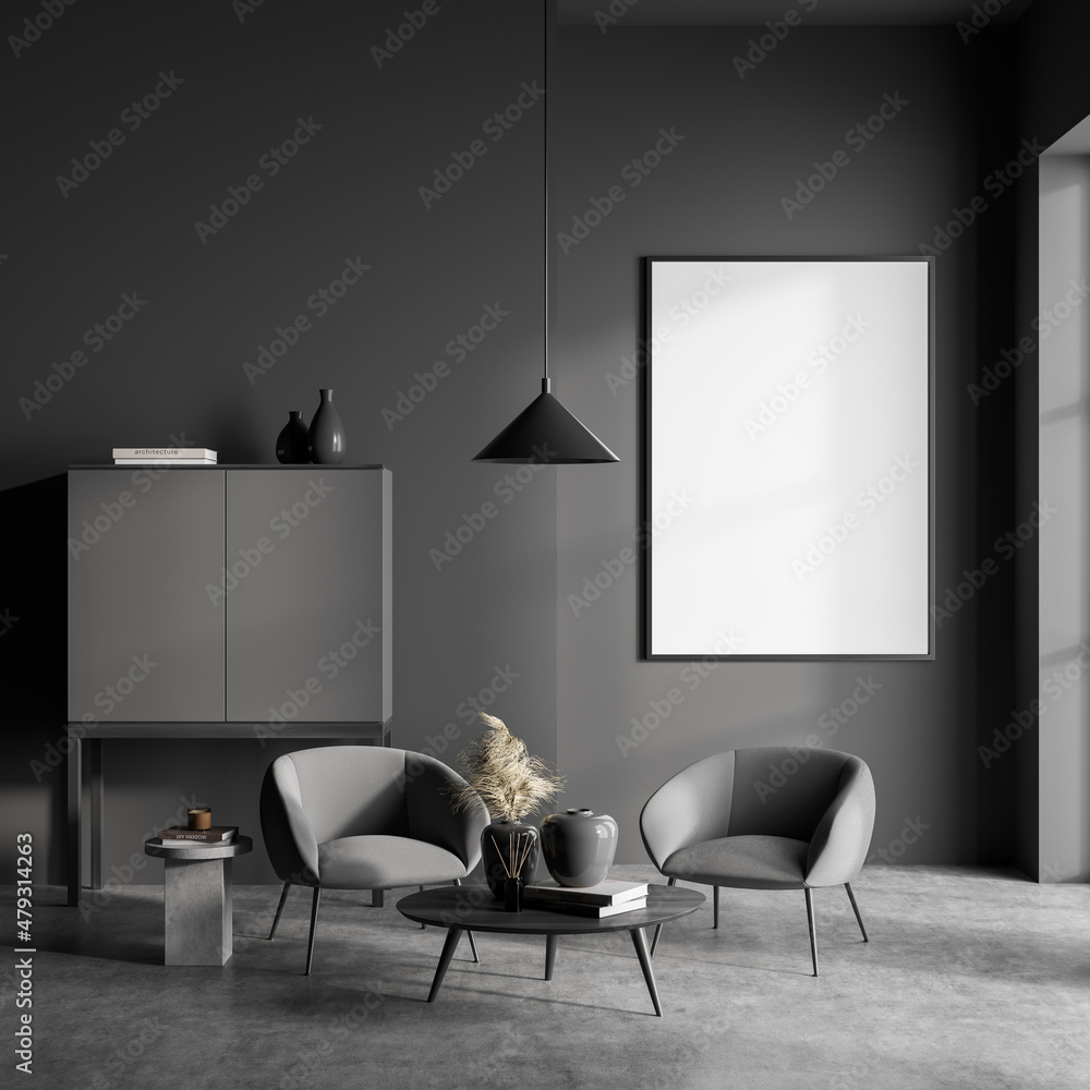 Dark living room interior with empty white poster, grey armchairs Dark living room interior with empty white poster, grey armchairs