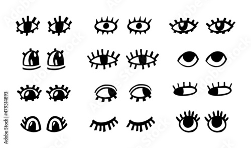 Crazy eyes. Doodle open eye set. Abstract hand drawn fun geometric collection. Vector black elements
