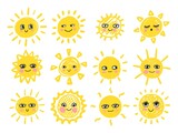 Funny cute sun set. Happy smiley sun characters. Vector hand drawn doodle sunny icon