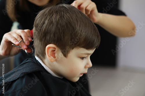 Handsome boy getting his hair and beard cut at barber shop, barber shop rear view