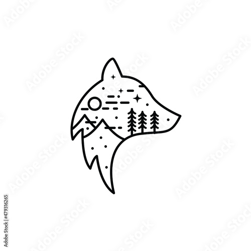 wolf fox line art with mountains landscape logo design