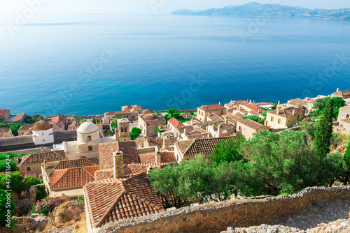 Romantic fortified greek village on rock island Monemvasia, Peloponnese, Greece