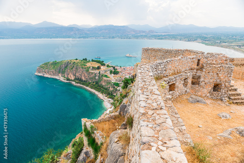 Panoramic view the fortress of Palamidi, scenery of Bourtzi castle at Nafplio town Greece, Peloponnese