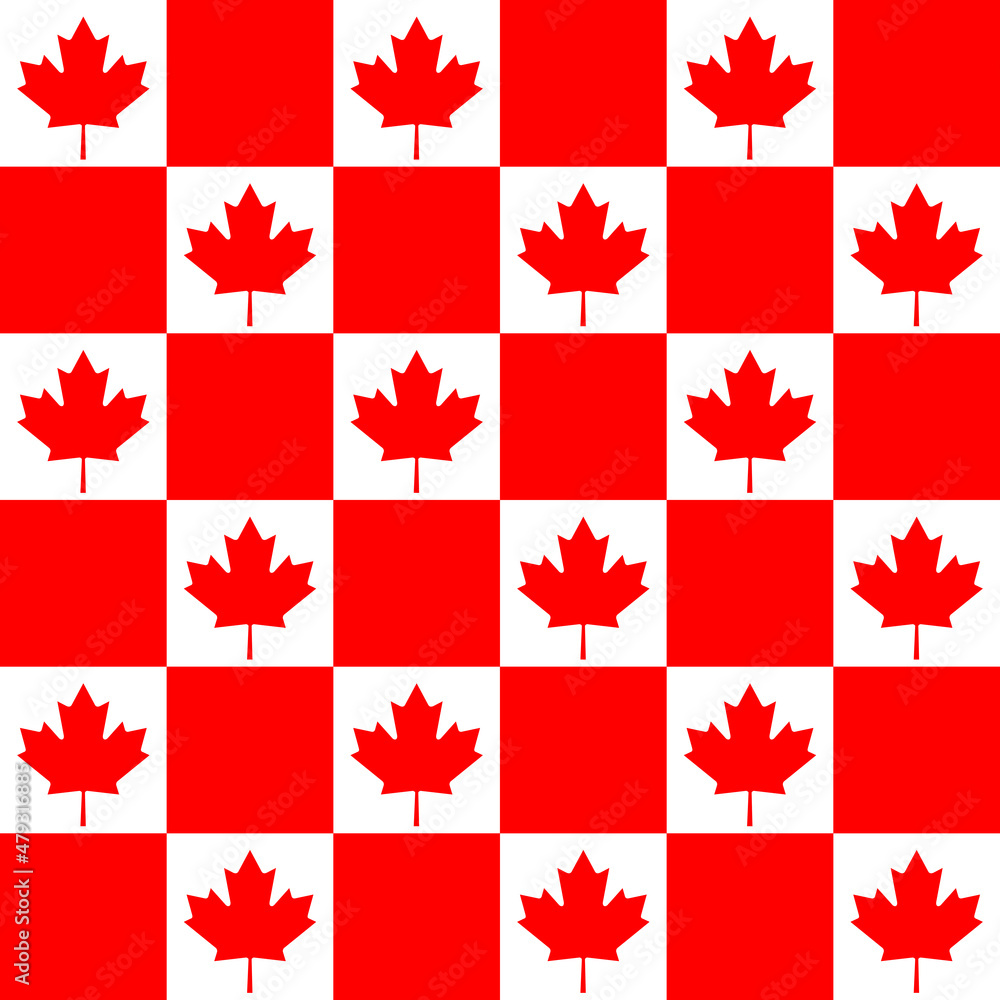 A pattern with a stylized flag of Canada. Suitable for textiles or packaging paper. Red Maple leaf. The Chess pattern. A pattern with a stylized flag of Canada. Suitable for textiles or packaging paper. Red Maple leaf. The Chess pattern.