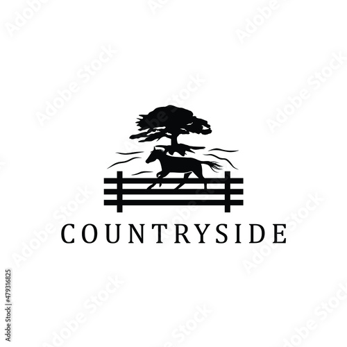 horse fence with Lebanese cedar countryside farm logo design 