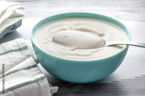 greek yogurt in ceramic bowl, dairy free, gluten free, probiotic food for good gut health