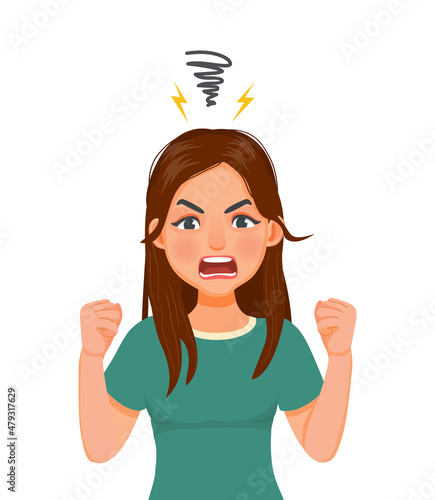 young woman annoyed angry in furious gesture screaming in anger showing her fist expressing her negative emotions. Human emotions and facial expression, body language concept