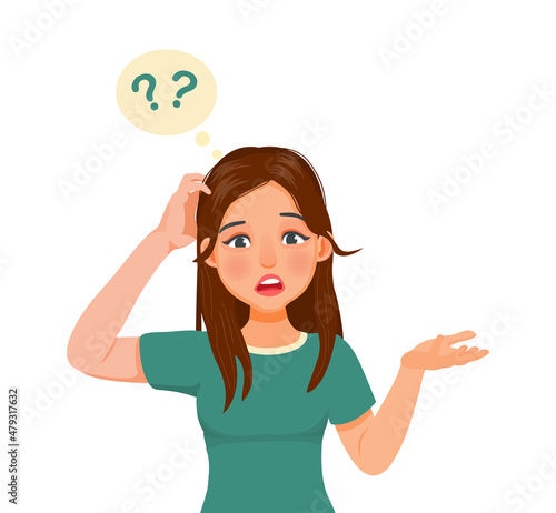 Confused young woman scratching her head having no idea, clueless, don’t know, puzzled and doubt about the questions raising her hand