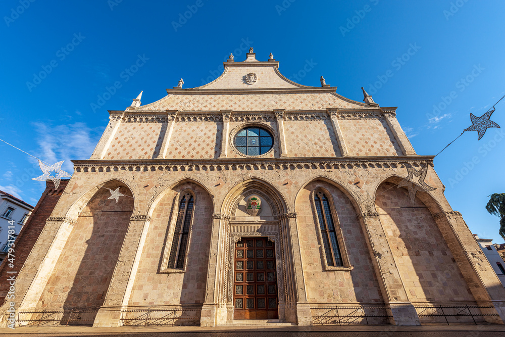 Vicenza. Main facade of the Cathedral of Santa Maria Annunciata in Gothic Renaissance style, VIII century, architect Andrea Palladio, UNESCO world heritage site, Veneto, Italy, Europe.
