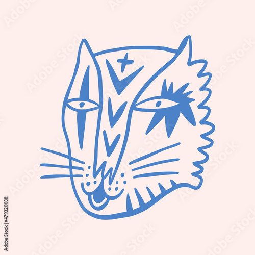Cute tiger wild animal childish cartoon groovy boho illustration naive funky handdrawn style art vector