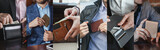 A collage of images in which a businessman holds a wallet in his hands and takes out money. Photos on the topic of business people and finance. Horizontal orientation