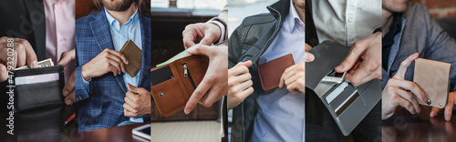 A collage of images in which a businessman holds a wallet in his hands and takes out money. Photos on the topic of business people and finance. Horizontal orientation