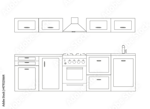 Kitchen in line art, scheme, decor