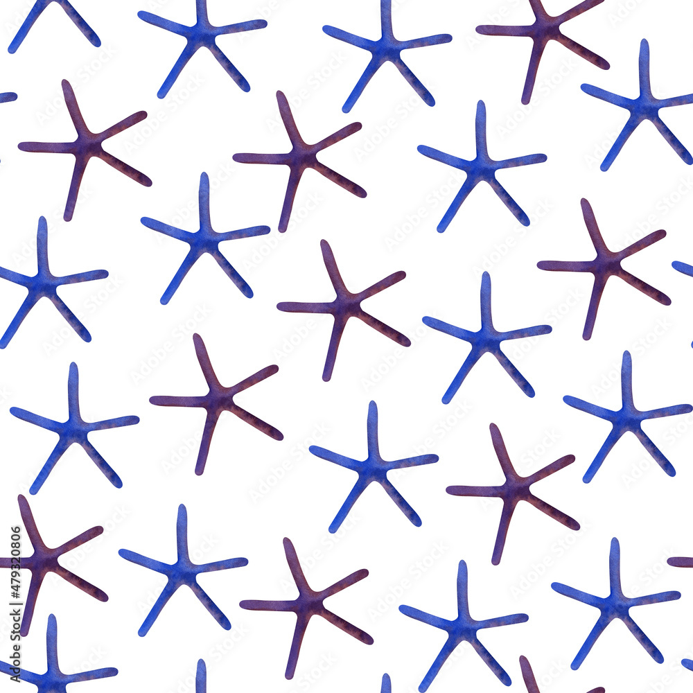 Sea, nautical, marine pattern with isolated hand painted watercolor objects: starfish. Underwater life. Aquatic illustration for design, print, fashion, fabric, wallpaper, web or background. Sea, nautical, marine pattern with isolated hand painted watercolor objects: starfish. Underwater life. Aquatic illustration for design, print, fashion, fabric, wallpaper, web or background.