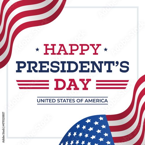Presidents day background. Banner on top of American flag. Square vector illustration.