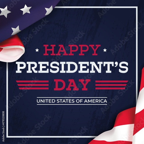 Presidents day background. Banner on top of American flag. Square vector illustration.