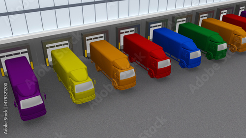 group of colors trucks near the warehouse