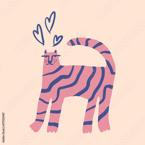 Cute Valentine tiger wild animal childish cartoon groovy boho illustration naive funky handdrawn style art vector