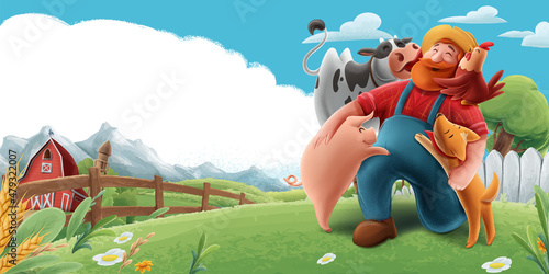 illustrated landscape of a farm with cow pig dog chicken farmer