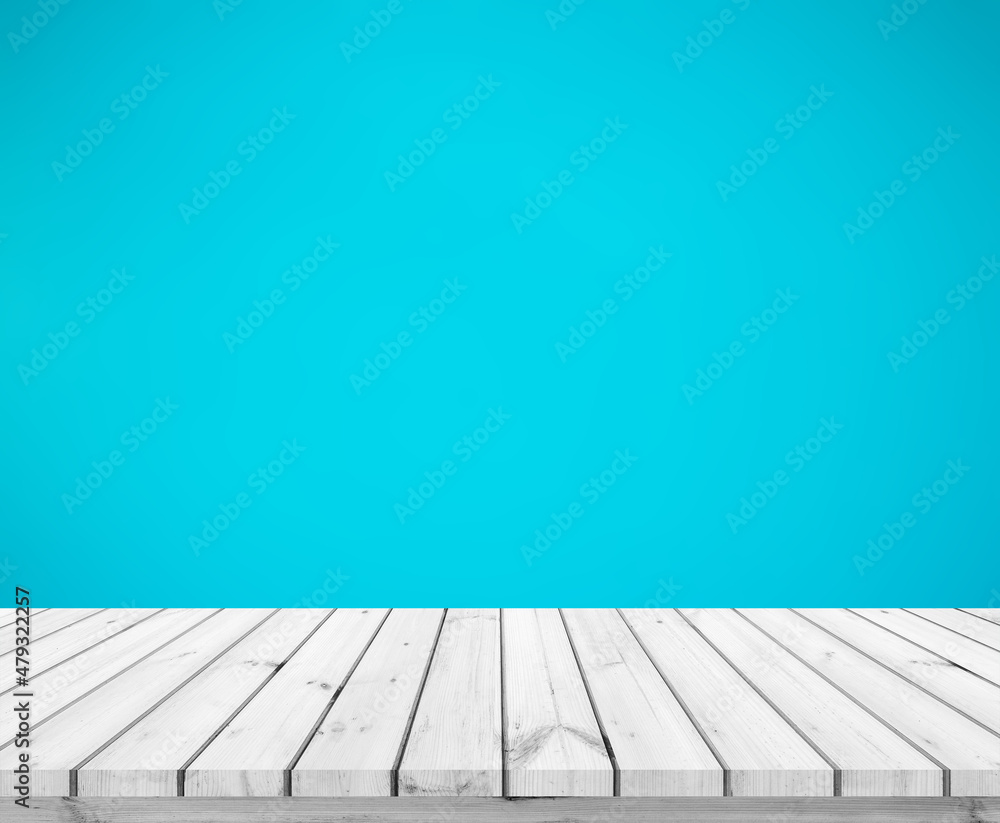 wood plank with abstract blue leather background for product display