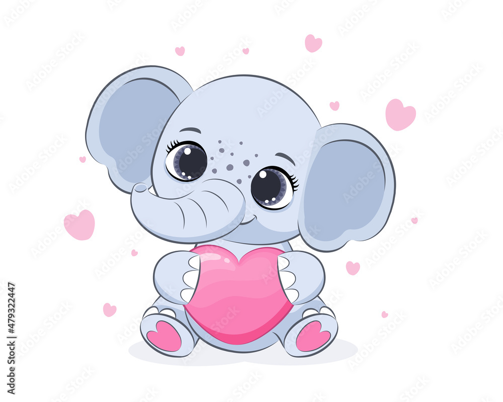 A cute elephant holds a heart in his hands. Valentine's day. Vector illustration of a cartoon. A cute elephant holds a heart in his hands. Valentine's day. Vector illustration of a cartoon.