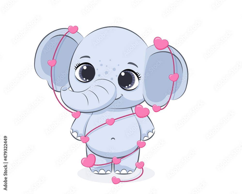 Cute elephant in a garland of hearts for Valentine's Day. Vector illustration of a cartoon. Cute elephant in a garland of hearts for Valentine's Day. Vector illustration of a cartoon.