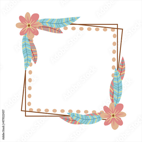 vintage Boho wreath frame with flower and leaves and feathers, suitable for wedding invitation, banner, greeting card template and business card and poster. Hand drawn vector illustration.