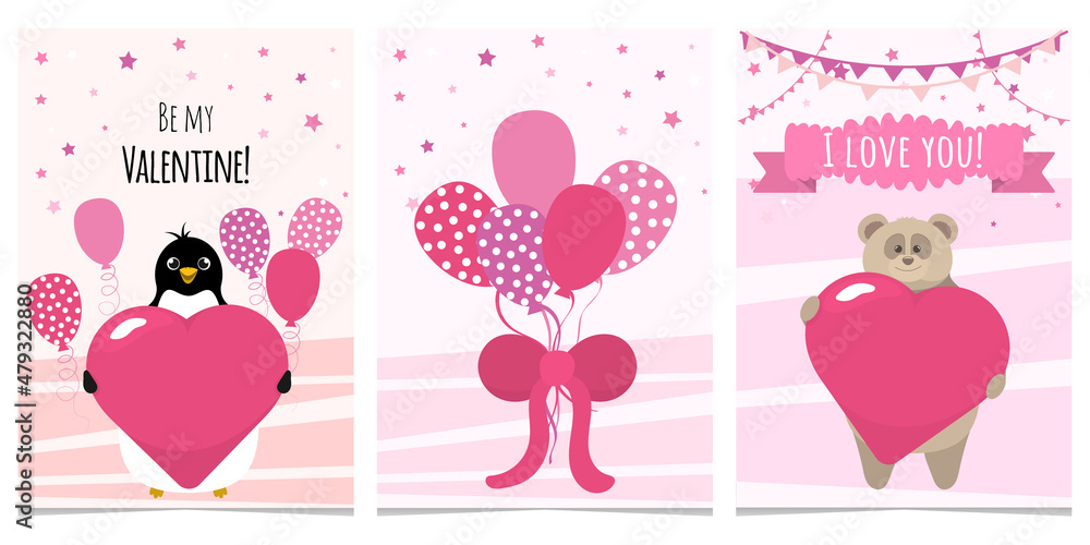 Set of three vertical format vector cards for Valentine's Day, for birthday. Greeting card for a girl in pink colors with balloons, stars, a cute penguin and a bear. Isolated on white background. Set of three vertical format vector cards for Valentine's Day, for birthday. Greeting card for a girl in pink colors with balloons, stars, a cute penguin and a bear. Isolated on white background.