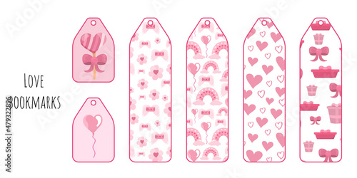 Set of 6 vector bookmarks in pink colors. Bookmarks with pink flowers, hearts, gifts, sweets and rainbows for girls. Isolated on white background.