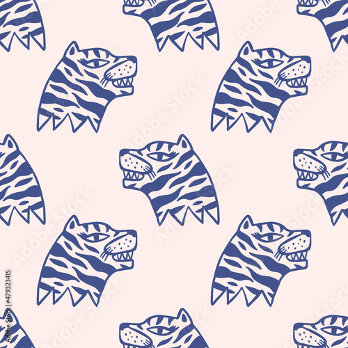 Tela Cute tiger wild animal childish cartoon groovy boho seamless pattern naive funky