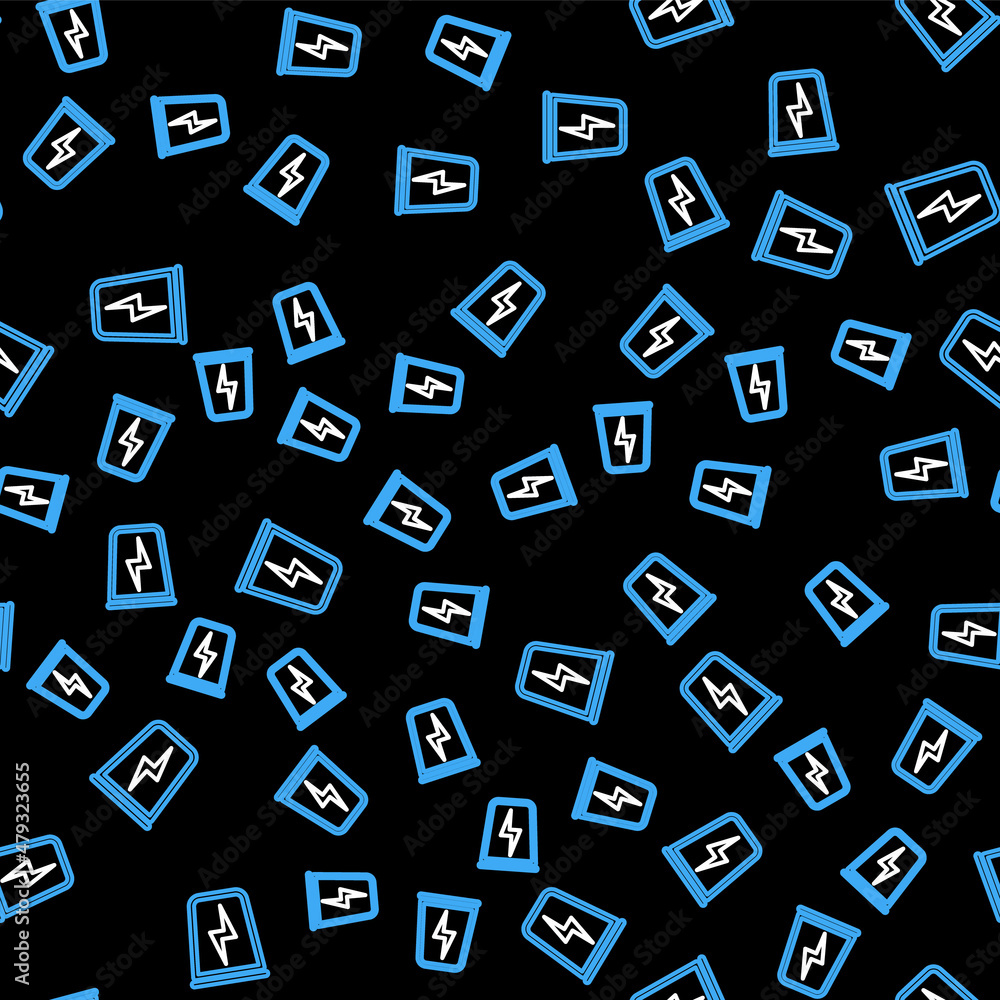Line Lightning with trash can icon isolated seamless pattern on black background. Waste to energy. Garbage bin sign. Recycle basket sign. Vector Line Lightning with trash can icon isolated seamless pattern on black background. Waste to energy. Garbage bin sign. Recycle basket sign. Vector