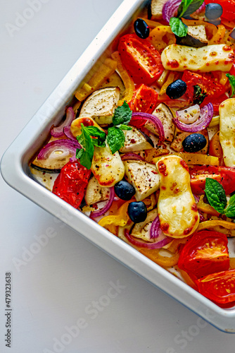 Grilled Halloumi Cheese with Baked Vegetables, Sheet Pan Cheese Vegetables 