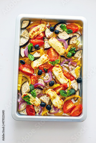 Grilled Halloumi Cheese with Baked Vegetables, Sheet Pan Cheese Vegetables 