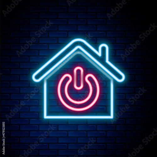 Glowing neon line Smart home icon isolated on brick wall background. Remote control. Colorful outline concept. Vector