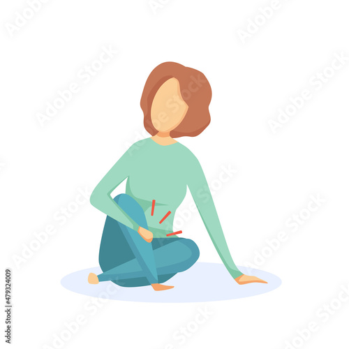 Illustration of a girl sitting because of leg pain. Vector cartoon illustration.
