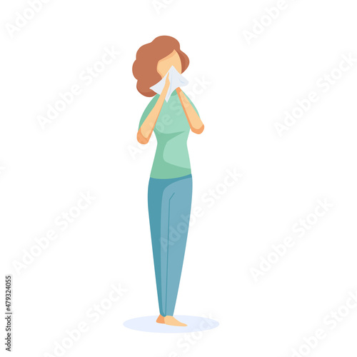 Healthcare concept. Girls have a runny nose due to illness or beauty. Bottom line cartoon illustration.