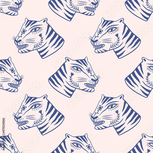 Cute tiger wild animal childish cartoon groovy boho seamless pattern naive funky handdrawn style art vector