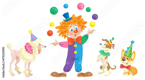 Funny juggler clown and cute circus dogs. In cartoon style. Isolated on white background. Vector illustration.