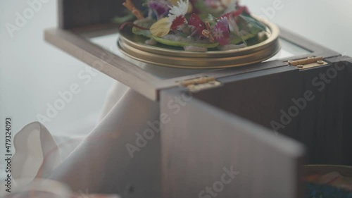 Shrimp Paste with Black Caviar in Wooden Box with Edible Flowers on top